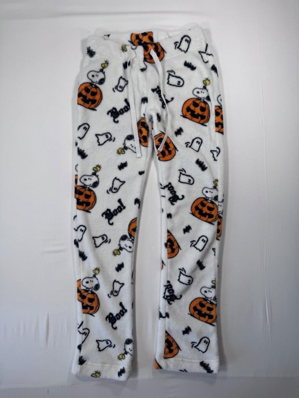 Peanuts Pajama Pants Snoopy Halloween Pumpkin Fleece White XS Holiday Lounge